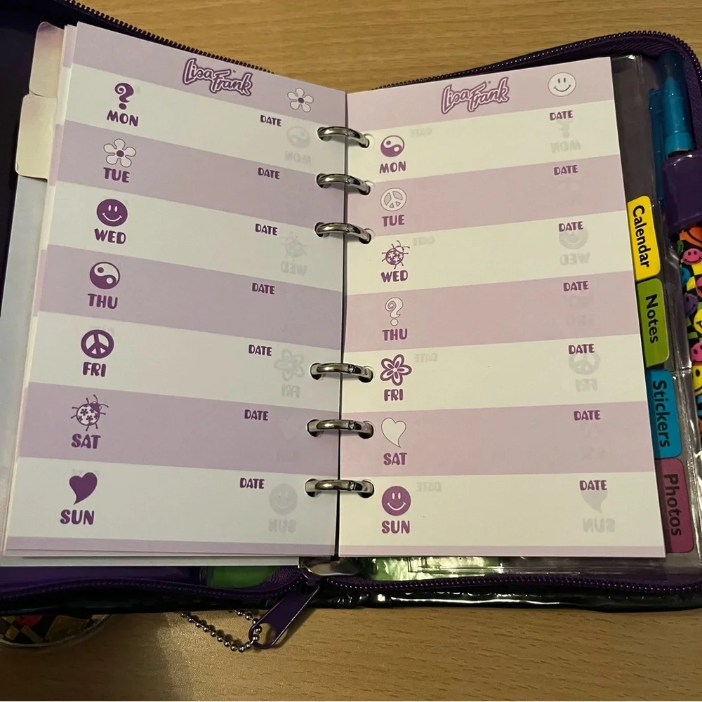 Vintage Y2K Lisa Frank Rainbow Smiley Face Zip Planner Agenda Stickers Pouch Pen